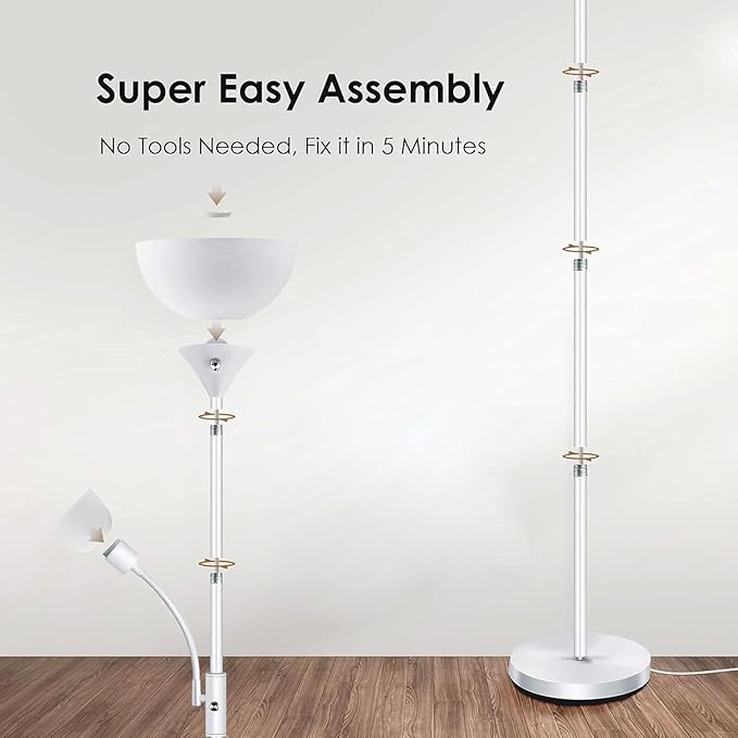 Floor Lamps for Living Room White, Standing Lamp, Torchiere Floor Lamps with Adjustable Reading Light, 71" Tall Pole Lamps, 3 Way Switch, Torch Corner Floor Lamp for Bedroom/Office(E26 Base, No Bulb)