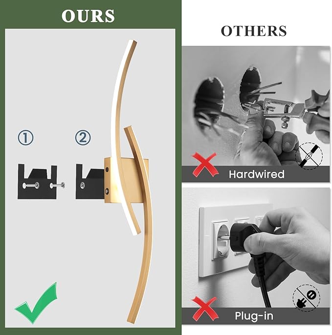 Battery Operated Wall Sconce Set of 2,Gold Wall Sconces with Remote Control,3000K-6000K Modern LED Wireless Wall Light for Living Room, Hallway, Bedroom, 39.3 Inch (2 Pack)