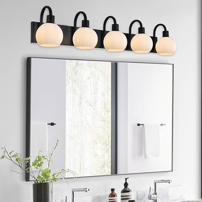 37 Inch Bathroom Light Fixtures, 5-Lights Black Vanity Light with Milk White Globe Glass Shade, Bath Vanity Wall Mounted Lighting Over Mirror for Kitchen