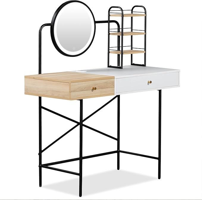 40" Makeup Vanity Desk with 3 Lighting Modes Adjustable Brightness & Power Outlet, Vanity Table with Drawer & 3 Open Shelves for Ample Storage Space, Dressing Table for Bedroom (White)