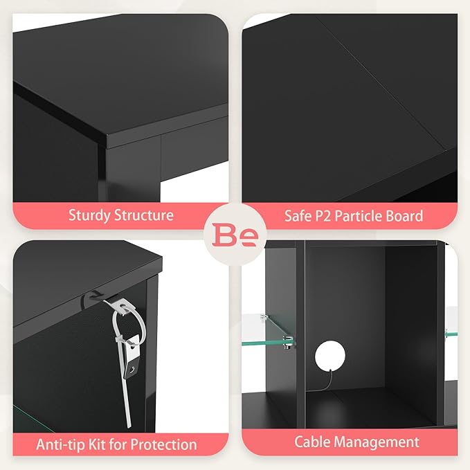 Bestier Modern TV Stand for 65 inch TV with LED Lights, High Gloss Entertainment Console Table with Storage Shelves for Living Room in Glossy Black