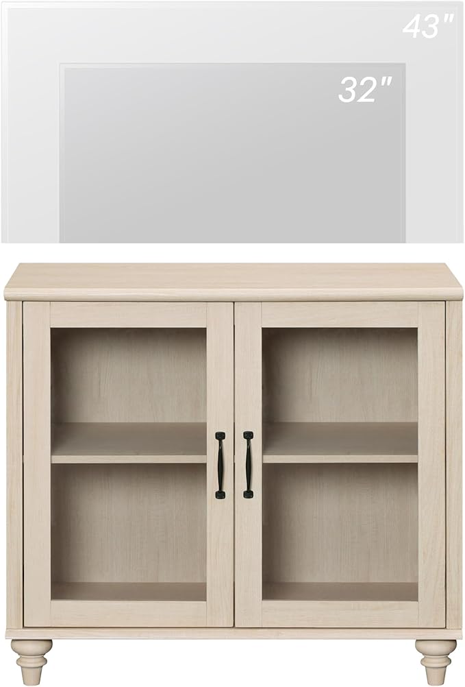 WAMPAT Farmhouse TV Stand for TVs Up to 43 inch, Glass Wood Universal TV Stand with 2 Storage Cabinets, Beige Entertainment Center TV Console Table for Living Room, Bedroom