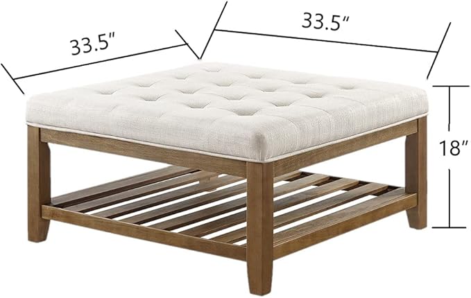 24KF Large Square Upholstered Tufted Linen Ottoman Coffee Table, Large Footrest Ottoman with Solid Wood Shelf-Ivory