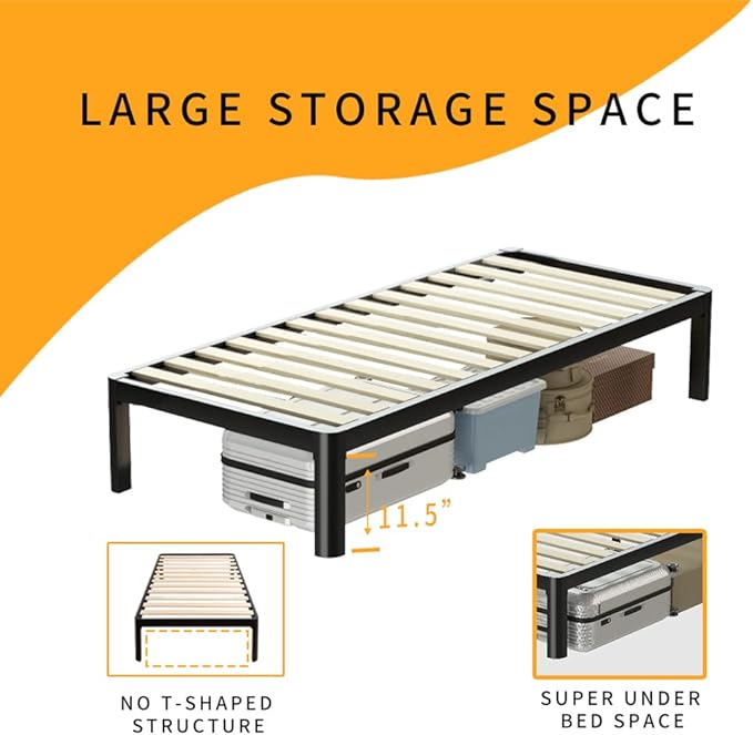 MAF 14 Inch Twin Platform Bed Frames with Wooden Slats, Black 3500 Lbs Heavy Duty Metal Bed Frame with Anti-Collision Round Legs, No Box Spring Needed, Easy Assembly