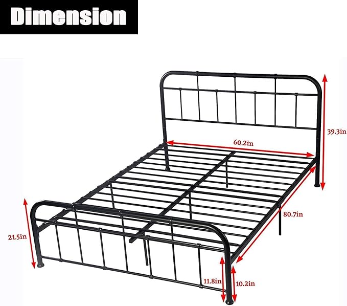 Metal Bed Frame Platform with Head Board Foot Board Vintage Mattress Foundation with Metal Slats Queen Size for Bedroom School Students Kids Adults Storage Under 500lbs (Black Metal, Queen)