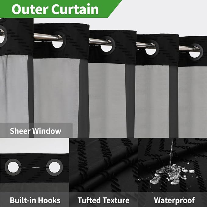 Extra Long No Hook Tufted Chevron Striped Shower Curtain with Snap-in Fabric Liner set-71Wx98H(96H),Tall Hotel Grade Boho Style Shower Curtain,Water Repellent,Black