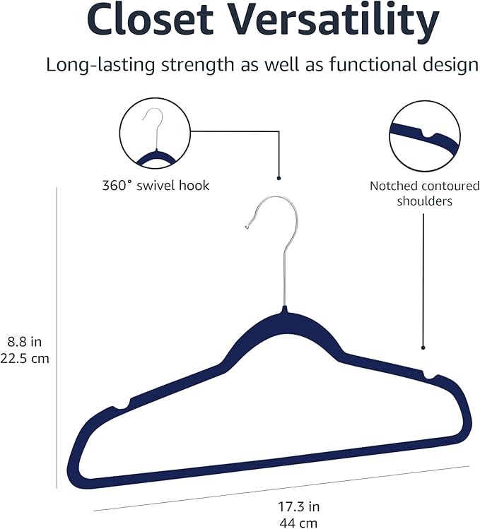 Amazon Basics Slim, Velvet, Non-Slip Suit Clothes Hangers, Navy Blue/Silver - Pack of 50