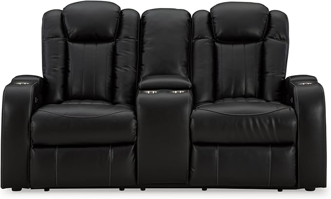 Signature Design by Ashley Caveman Den Modern Faux Leather Power Reclining Loveseat with Console, Adjustable Headrest and LED Lights, Black