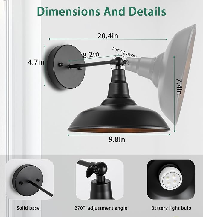 Black Vintage Battery Operated Wall Sconces, Set of 2 Industrial Cordless Battery Powered Wall Sconce with Remote Control Indoor Wall Sconce for Bedroom, Hallway, Farmhouse