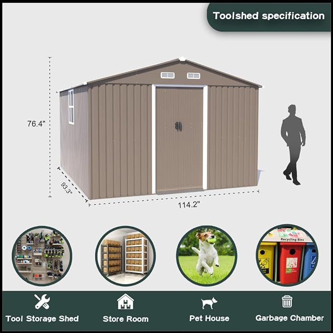 Kullavik 10FT x 8FT Outdoor Storage Shed,Waterproof Metal Tool Shed with Lockable Sliding Door and Air Vents,Metal Storage Shed for Garden,Patio,Backyard,Lawn