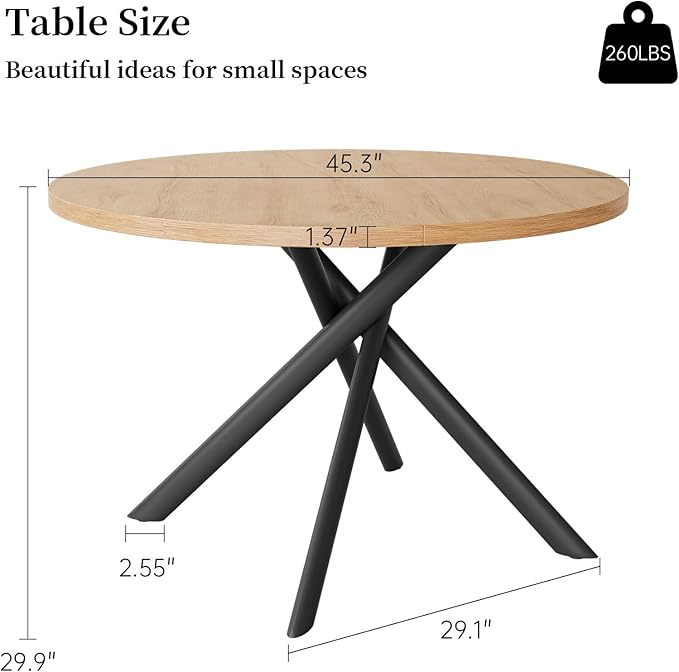 45.3 Inch Modern Round Dining Table for 4, Space-Saving Dinette with Carbon Steel Legs for Home Kitchen Apartment(Oak Table)