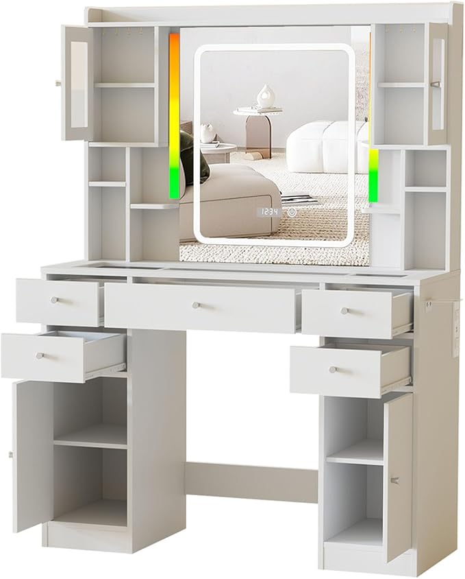 White Vanity Desk with LED Mirror,Makeup Vanity with Charging Station & RGB Lights,5 Drawers 4 Shelves Makeup Desk Vanity Table Stool Set with Glass Table Top & Time Display Lights, White