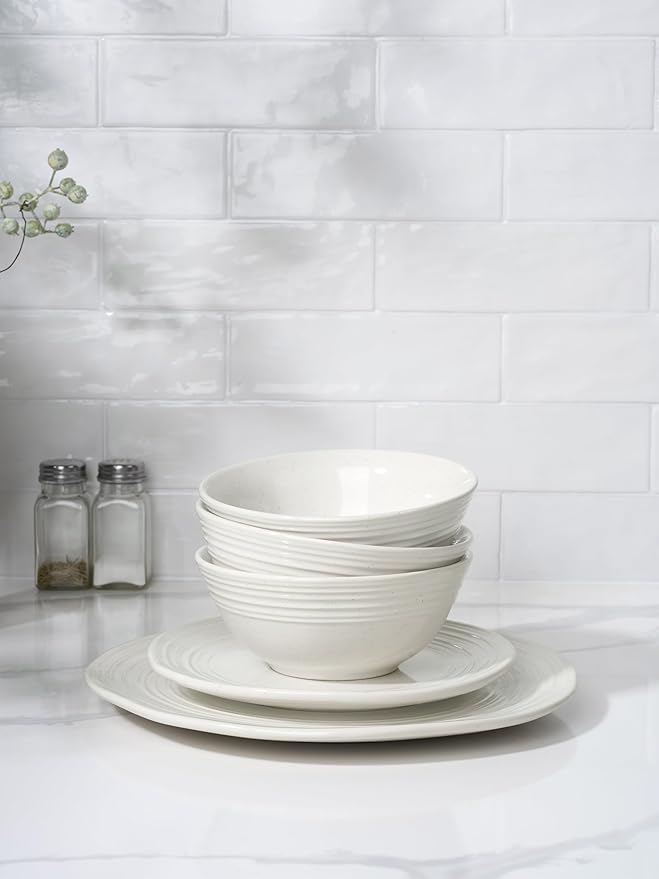 Famiware Plates and Bowls Sets 12-Piece Stoneware Dinnerware Sets, Dishes Set for 4, Speckled Hand-made Reactive Glaze Dish Set, Twilight Series, White