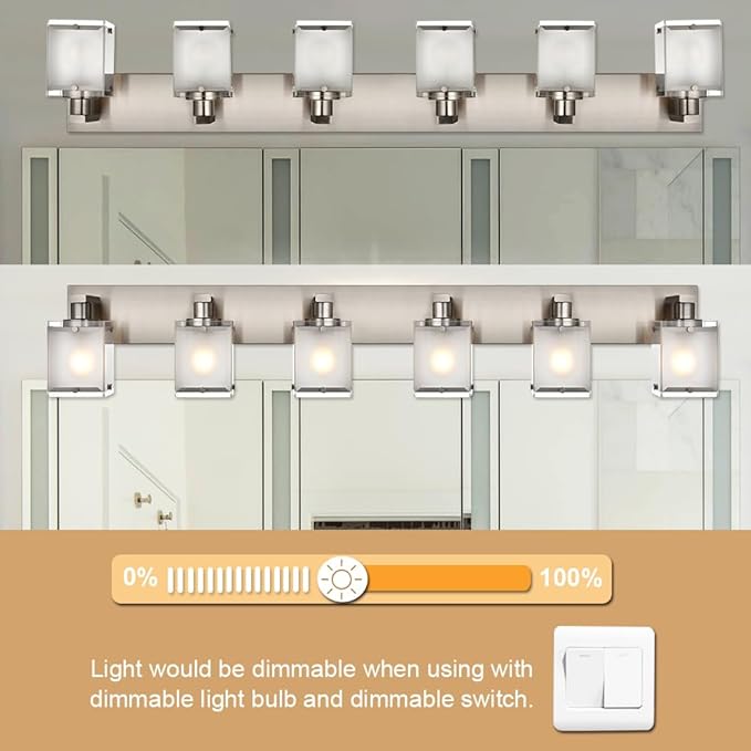 6-Lights Bathroom Vantiy Light Over Mirror, Modern Black Vanity Lighting Fixtures with Rectangular Frosted Glass Shades for Bath Kitchen Wall Mounted, E26 Bulb Base