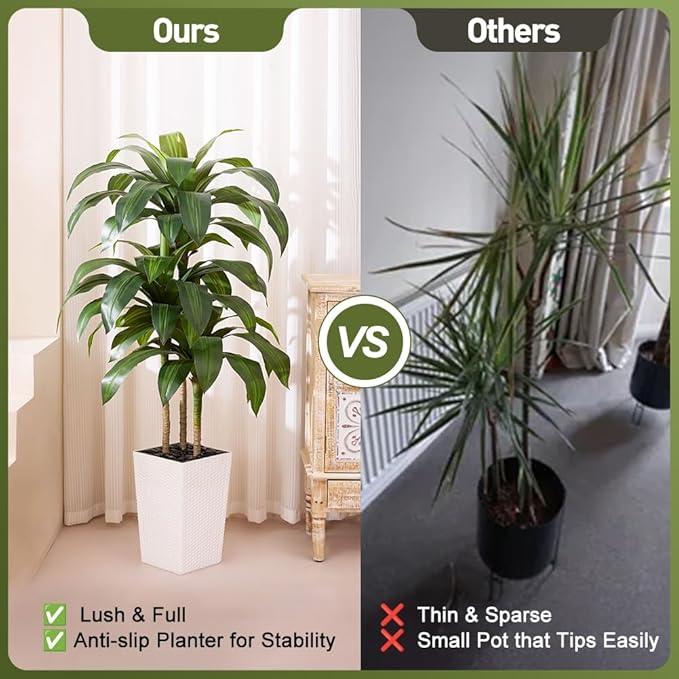 Artificial Dracaena Tree 5FT - Fake Tree with White Taper Planter & Pebbles - UV Resistant Faux Yucca Tropical Plant - Artificial Trees for Home Office Living Room Decor Indoor Outdoor