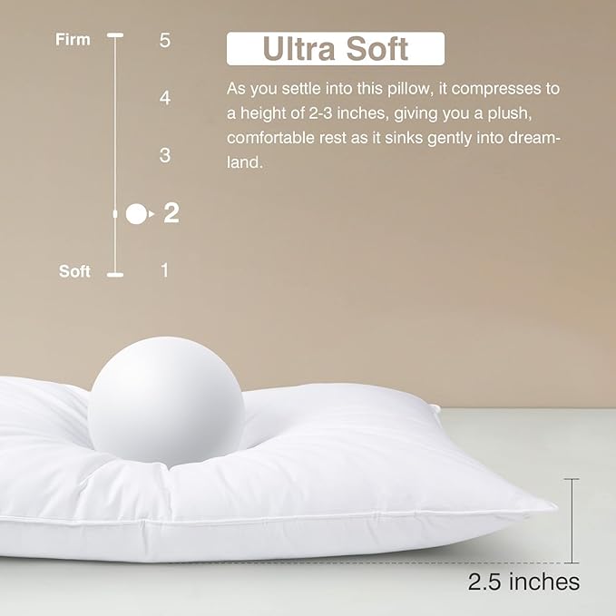 Ultra Soft Goose Feather Pillows Queen Size Set of 2 - (Down Fiber) Hotel Bed Pillow for Sleeping, Fluffy Support Surround Fill Polyester for Back, Stomach, Side Sleepers (Soft)