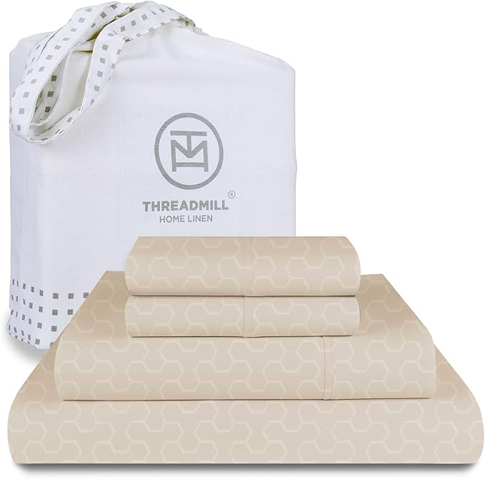 Threadmill Cotton Full Size Sheet Set | 500 Thread Count 100% Cotton Sheets for Full Size Bed | Damask Jacquard Full Bed Sheets Set 16” Deep Pocket | Soft Sateen 4-Piece Cooling Bedding Set | Beige