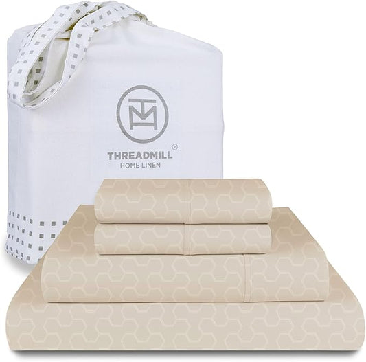 Threadmill 100% Cotton Sheets for King Size Bed | Damask Sateen All-Season 500Thread Count 4 Pc King Bed Sheets Set | Soft, Breathable Hotel Quality | Snug Fit Elastic Deep Pocket King Sheets | Beige