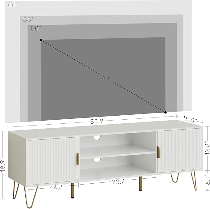 TV Stand for 55 65-inch TV, Entertainment Center with Soft Hinge Door,TV Console Table with 2 Cabinets with Gold Handle and Feet,for Living Room, Bedroom, White