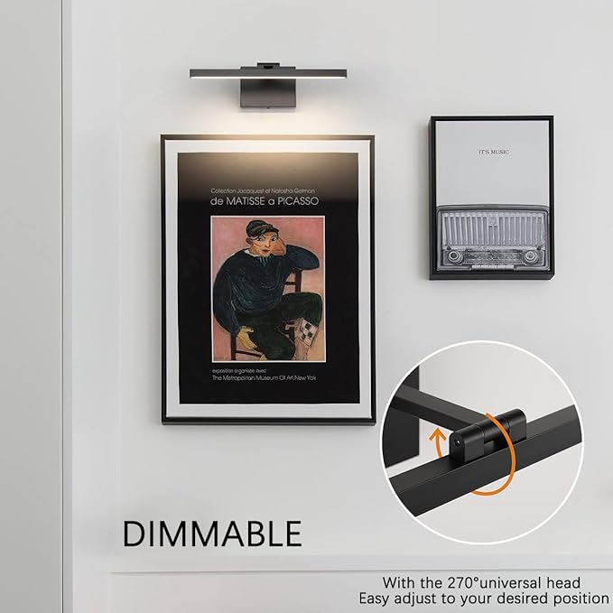Joosenhouse Led Picture Light Dimmable 15.74" Inches Black Wall Lights Fixture Rotatable Sconce Lamps As Art Lights for Paintings 7W Hardwired Connection 3000k