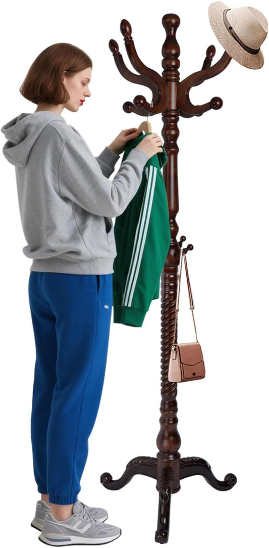 Coat Racks Freestanding, Natural Wood Coat Stands with 14 Hooks, 75" Heavy Duty Adjustable Height Vintage Hall Tree for Entryway, Bedroom, Office, Easy Assembly (Triangular Dark Brown)