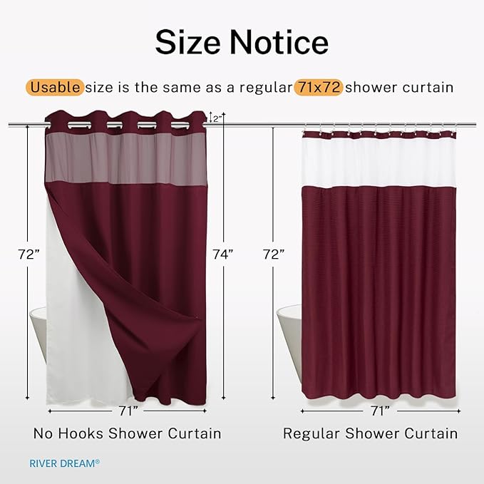 River Dream Heavyweight No Hooks Required Dotted Waffle Weave Shower Curtain with Snap in Liner - 71W x 74H,Hotel Grade,Spa Like Bath Curtain,Red Rio