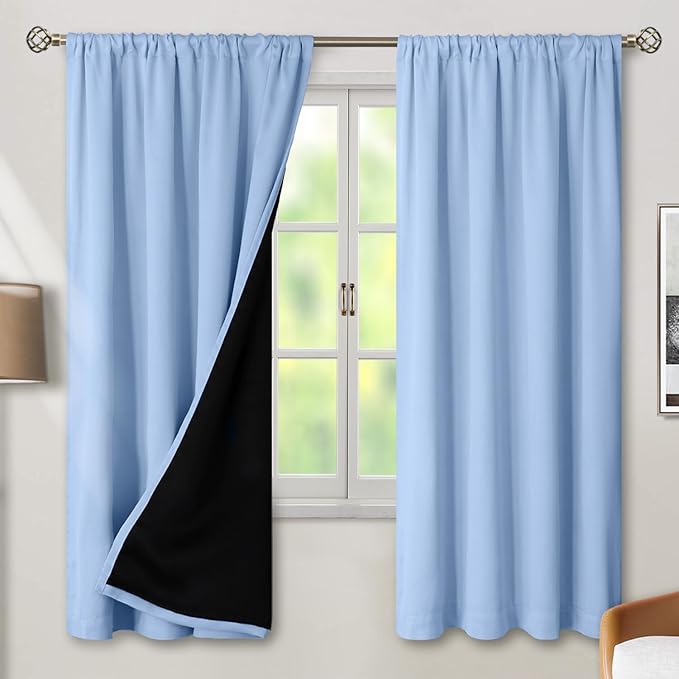 BGment Full Blackout Curtains 72 Inch Length with Thermal Insulation Liner, Double Layer Room Darkening Rod Pocket and Back Tab Window Curtain for Bedroom(42 x 72 Inch, 2 Panels, Light Blue)