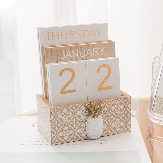 Block Calendar for Desk, Wood Desk Perpetual Calendar, Gift Daily Desktop Vintage Wooden Blocks for Home Farmhouse Office Aesthetic Decor Rustic Decoration Brown Pineapple