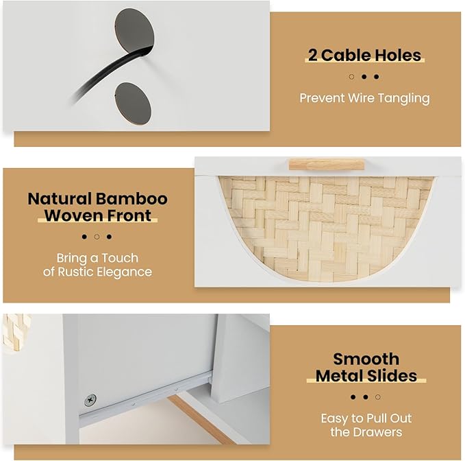 Tangkula White TV Stand for 55 Inch TVs, Mid Century Modern Entertainment Center with 2 Drawers & Bamboo Woven Fronts, Solid Wood Legs, Boho TV Console Table for Living Room (White, 47.5”, for 55"TV)