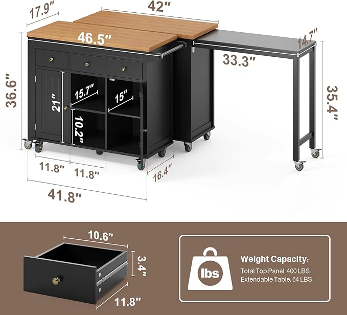 Ahomly Kitchen Island with Extendable Table for 2, 79.06" Extendable Kitchen Island Cart on Wheels with Storage Cabinet & 2 Open Shelves, Island Table for Kitchen with 3 Drawers, Black