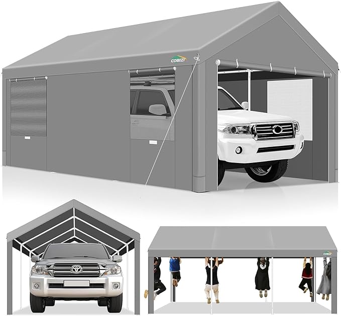 COBIZI Carport 12x20ft Heavy Duty Portable Garage, 2.0 Powder Coated Frame(Better Than Galvanized), Waterproof Shelter with Removable Sidewalls & Windows, Built-in Sandbags, for Car/Boat/SUV, Gray