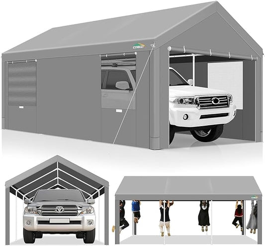 COBIZI Carport 12x20ft Heavy Duty Portable Garage, 2.0 Powder Coated Frame(Better Than Galvanized), Waterproof Shelter with Removable Sidewalls & Windows, Built-in Sandbags, for Car/Boat/SUV, Gray