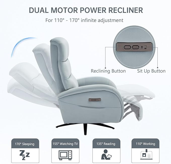 Power Recliner Chairs for Adults, Recliner Swivel Chair with USB & Type-C Ports, Blue Fabric Recliner Chairs for Adults with 270° Swivel, Oversize Reclining Chair W/ 20.1" Wide Seat