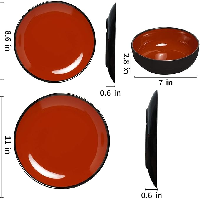 TP 18-Piece Dinnerware Set, Melamine Dishes Set with Bowls and Plates, Service for 6, Non-breakable Lightweight Dining Tableware, Black and Red