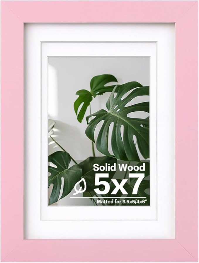 Egofine 5x7 Picture Frame Made of Solid Wood with Plexiglass, Display Pictures 3.5x5/4x6 with Mat or 5x7 Without Mat for Tabletop and Wall Mounting, Pink