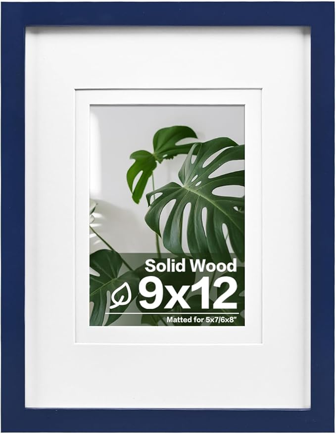 Egofine 9x12 Picture Frame Made of Solid Wood Covered by Plexiglass, Wood Frame for Pictures 5x7/6x8 with Mat or 9x12 without Mat, Tabletop and Wall Mounting Display, Navy Blue