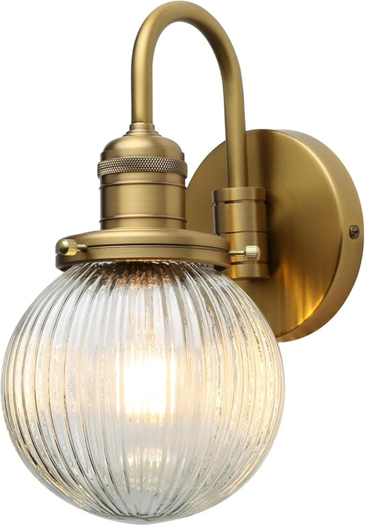 Industrial Vintage Gooseneck 1-Light Wall Sconce with 5.9" Round Ribbed Clear Glass Globe Lampshade Indoor Wall Mounted Lamp Fixture for Bedroom Living Room Bathroom Vanity