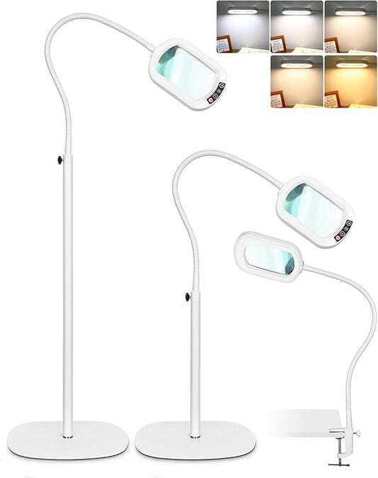 10X Rectangle Magnifying Glass with Light and Stand, 24" Flexible Gooseneck 3-in-1 Floor Lamp, 5 Color Modes Stepless Dimmable, LED Lighted Hands Free Magnifier for Reading Painting Close Work - White