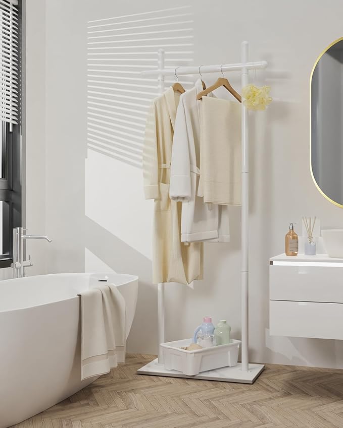 Coat Rack Freestanding with Natural Rock Base, Metal Coat Hanger Stand, Industrial Garment Rack, Clothes Tree, Suitable For Outerwear, Hats, Handbags, 68.9in, White