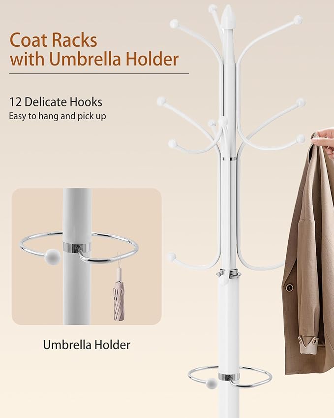 Metal Coat Rack with Natural Marble Base, Coat Rack Stand with 12 Hooks & Umbrella Holder, White Modern Freestanging Coat Racks, Coat Jacket Hanger Tree Stand for Corner Entryway Office