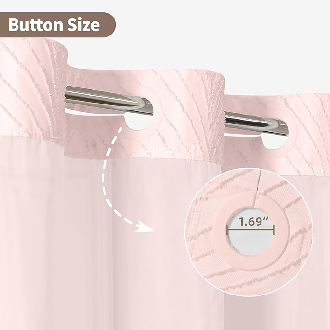 stall no Hook Tufted Shower Curtain with snap in Liner Set, White Waterproof Fabric Inner Liner,Boho Style Shower Curtain with See Through top Window, Pink, 36Wx74H
