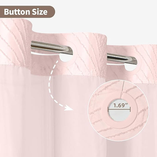 stall no Hook Tufted Shower Curtain with snap in Liner Set, White Waterproof Fabric Inner Liner,Boho Style Shower Curtain with See Through top Window, Pink, 36Wx74H