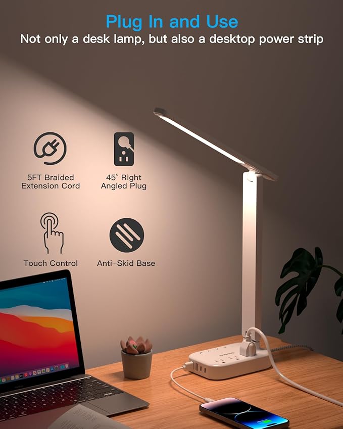 One Beat LED Small Desk Lamp Power Strip 5ft Extension Cord, 3 Outlets, 4 USB Ports(2 USB C), 4 Modes, 5 Level Touch- Home, Office, Bedroom, Bedside, Study Reading Light, Dorm Room Essentials, White