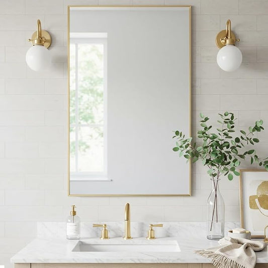 26x40 Inch Gold Bathroom Mirror - Copper-Free Mirror, Aluminum Alloy Frame Vanity Rectangle Wall Mounted Modern Mirror for Bedroom/Living Room/Porch Horizontal or Vertical