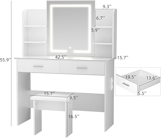 SMOOL Vanity with Lighted Mirror, Makeup Desk with Power Outlet, 3 Color Light Options, Adjustable Brightness, Vanity Table with 6 Storage Shelves, 2 Large Drawers and Cushioned Stool, White