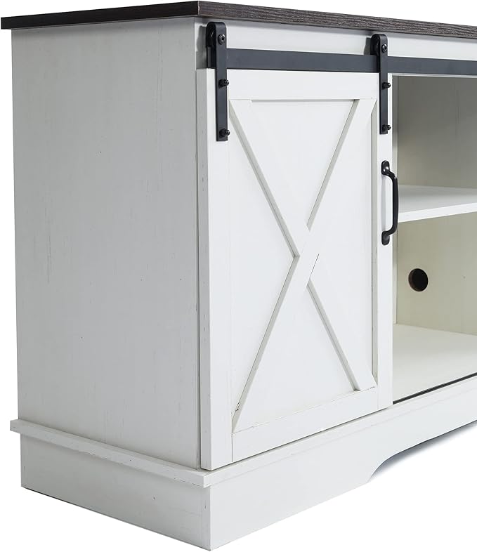 Rainbow Sophia TV Stand, Storage Cabinet with Sliding Barn Doors and Adjustable Shelves, Modern 28”H, Vintage White/Espresso