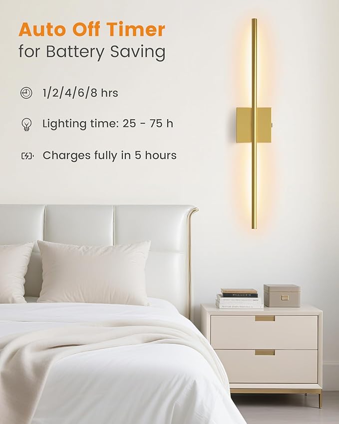 VOLISUN Battery Operated Wall Sconce Set of Two, Gold Rechargeable Wall Lights with Remote Control, 3000K-6500K Dimmable Wall Lamp, 27.6 Inch LED Wireless Wall Lights for Bedroom, Living Room,Hallway