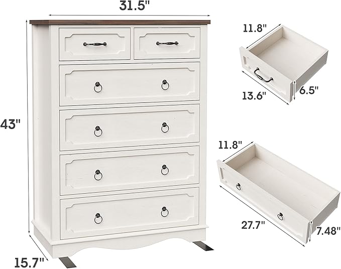 Maupvit 6 Drawer Dresser, 43" Tall Chest of Drawers for Bedroom, Farmhouse Dresser with Large Drawers & Metal Ring Pull Handles, Wood Dressers for Living Room, Hallway, Entryway, Antique White