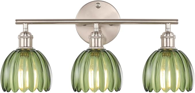 Bathroom Light Fixtures, 3-Light Vanity Wall Light Over Mirror with Green Tulip Glass Shade for Bedroom Living Room, Satin Nickel