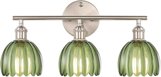 Bathroom Light Fixtures, 3-Light Vanity Wall Light Over Mirror with Green Tulip Glass Shade for Bedroom Living Room, Satin Nickel